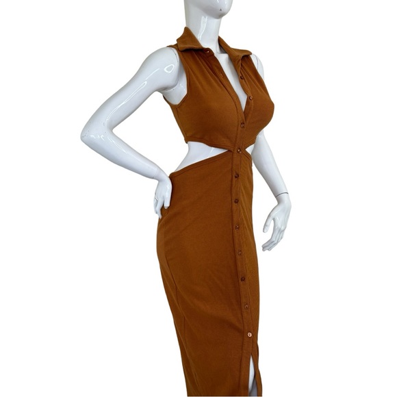 EMORY PARK BUTTON FRONT CUT OUT MIDI SUNDRESS MID SKIRT RIBBED BODYCON STRETCH L - Picture 6 of 17